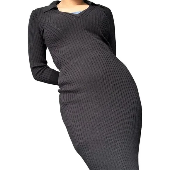 DYNAMITE BLACK RIBBED MAXI DRESS WITH V-NECK, COLLAR & SIDE SLIT | SIZE SMALL - Picture 8 of 15